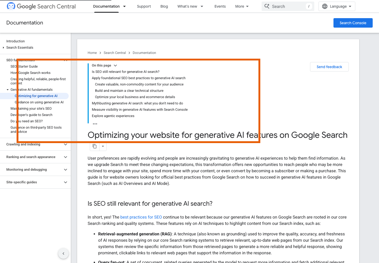 Annotated capture of the Google Search Central AI features guide