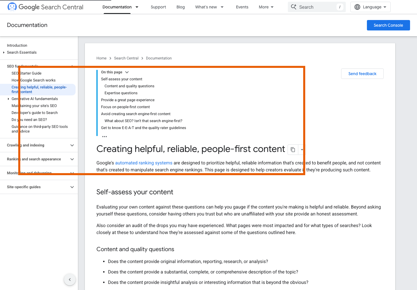 Annotated capture of Google helpful content guidance